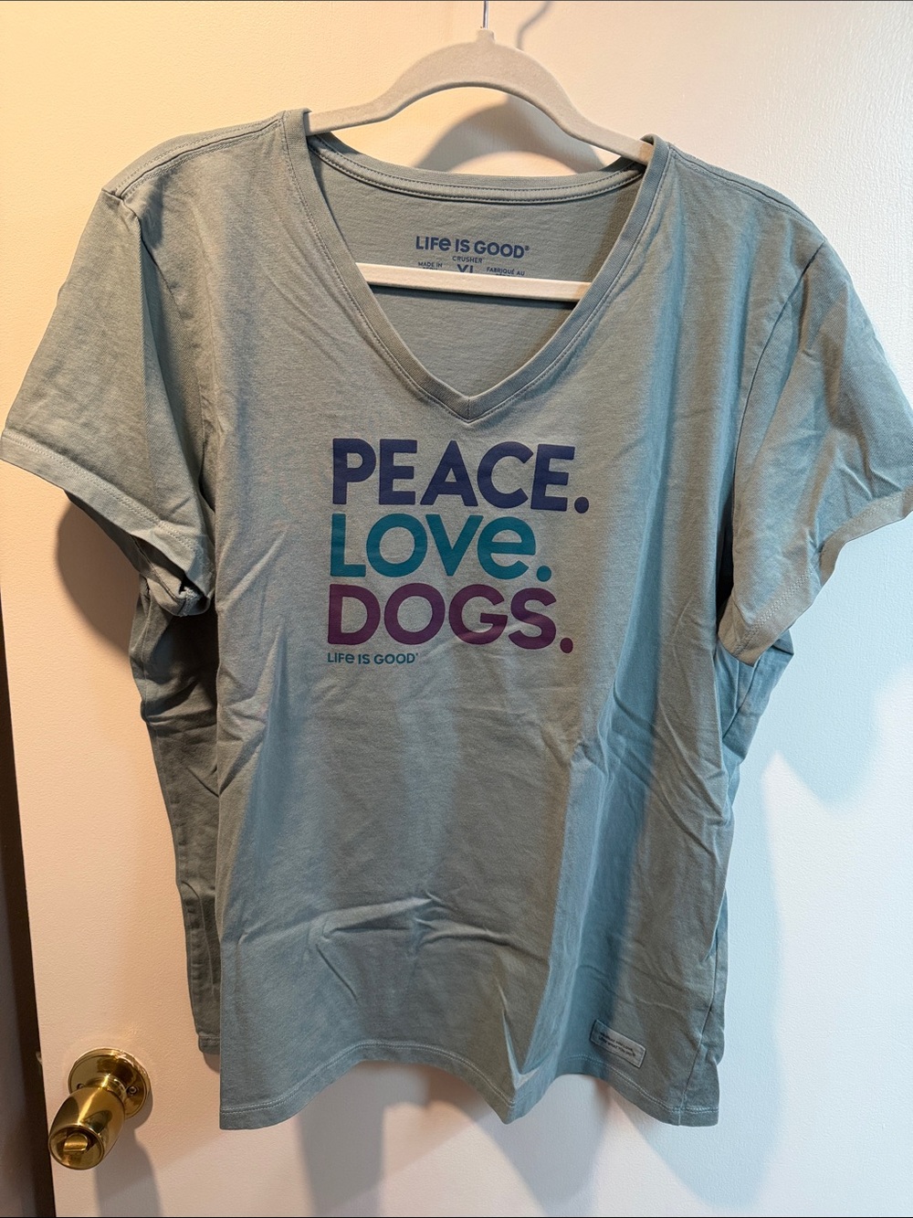 Life Is Good Light Blue V-Neck Tee with 'Peace. Love. Dogs.' Graphic